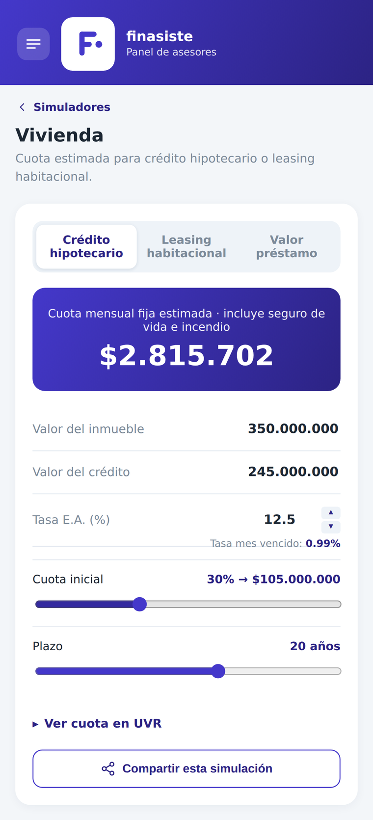 Simulador de crédito de vivienda en Finasiste